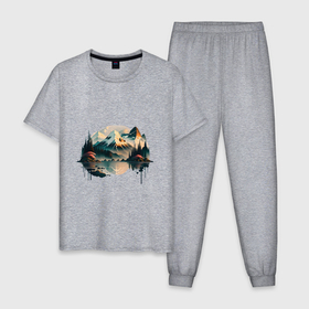 Мужская пижама хлопок с принтом Горный пейзаж в стиле моротай в Кировске, 100% хлопок | брюки и футболка прямого кроя, без карманов, на брюках мягкая резинка на поясе и по низу штанин
 | 