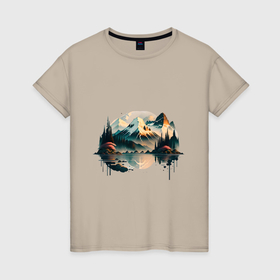 Женская футболка хлопок с принтом Горный пейзаж в стиле моротай в Кировске, 100% хлопок | прямой крой, круглый вырез горловины, длина до линии бедер, слегка спущенное плечо | 