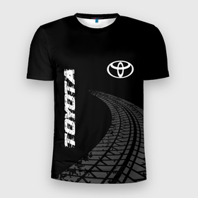 Мужская футболка 3D Slim с принтом Toyota speed на темном фоне со следами шин: надпись, символ , 100% полиэстер с улучшенными характеристиками | приталенный силуэт, круглая горловина, широкие плечи, сужается к линии бедра | Тематика изображения на принте: 