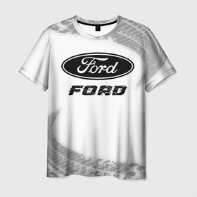 Мужская футболка 3D с принтом Ford speed на светлом фоне со следами шин , 100% полиэфир | прямой крой, круглый вырез горловины, длина до линии бедер | 