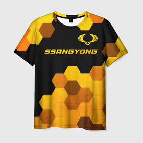 Мужская футболка 3D с принтом SsangYong   gold gradient: символ сверху в Курске, 100% полиэфир | прямой крой, круглый вырез горловины, длина до линии бедер | 