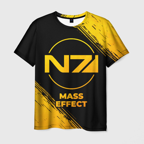 Мужская футболка 3D с принтом Mass Effect   gold gradient в Тюмени, 100% полиэфир | прямой крой, круглый вырез горловины, длина до линии бедер | Тематика изображения на принте: 