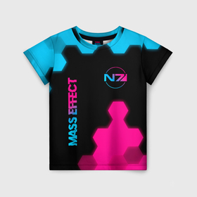 Детская футболка 3D с принтом Mass Effect   neon gradient: надпись, символ в Курске, 100% гипоаллергенный полиэфир | прямой крой, круглый вырез горловины, длина до линии бедер, чуть спущенное плечо, ткань немного тянется | Тематика изображения на принте: 