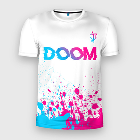 Мужская футболка 3D Slim с принтом Doom neon gradient style: символ сверху в Курске, 100% полиэстер с улучшенными характеристиками | приталенный силуэт, круглая горловина, широкие плечи, сужается к линии бедра | 