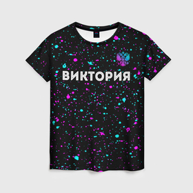 Женская футболка 3D с принтом Виктория и неоновый герб России: символ сверху в Тюмени, 100% полиэфир ( синтетическое хлопкоподобное полотно) | прямой крой, круглый вырез горловины, длина до линии бедер | 