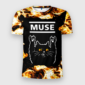 Мужская футболка 3D Slim с принтом Muse рок кот и огонь , 100% полиэстер с улучшенными характеристиками | приталенный силуэт, круглая горловина, широкие плечи, сужается к линии бедра | 