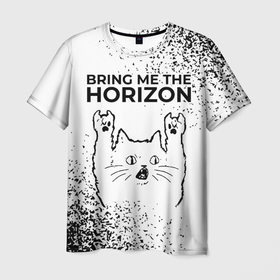 Мужская футболка 3D с принтом Bring Me the Horizon рок кот на светлом фоне в Кировске, 100% полиэфир | прямой крой, круглый вырез горловины, длина до линии бедер | 