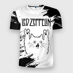 Мужская футболка 3D Slim с принтом Led Zeppelin рок кот на светлом фоне в Тюмени, 100% полиэстер с улучшенными характеристиками | приталенный силуэт, круглая горловина, широкие плечи, сужается к линии бедра | 
