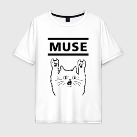 Мужская футболка хлопок Oversize с принтом Muse   rock cat , 100% хлопок | свободный крой, круглый ворот, “спинка” длиннее передней части | 
