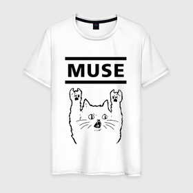 Мужская футболка хлопок с принтом Muse   rock cat в Новосибирске, 100% хлопок | прямой крой, круглый вырез горловины, длина до линии бедер, слегка спущенное плечо. | 
