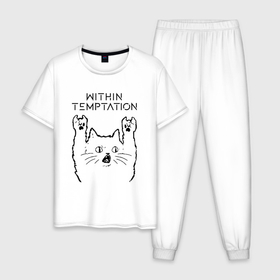 Мужская пижама хлопок с принтом Within Temptation   rock cat в Екатеринбурге, 100% хлопок | брюки и футболка прямого кроя, без карманов, на брюках мягкая резинка на поясе и по низу штанин
 | 