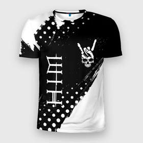 Мужская футболка 3D Slim с принтом HIM и рок символ на темном фоне в Курске, 100% полиэстер с улучшенными характеристиками | приталенный силуэт, круглая горловина, широкие плечи, сужается к линии бедра | 