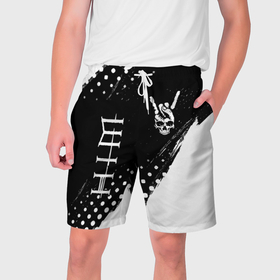 Мужские шорты 3D с принтом HIM и рок символ на темном фоне в Курске,  полиэстер 100% | прямой крой, два кармана без застежек по бокам. Мягкая трикотажная резинка на поясе, внутри которой широкие завязки. Длина чуть выше колен | 