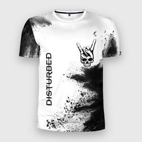 Мужская футболка 3D Slim с принтом Disturbed и рок символ на светлом фоне в Тюмени, 100% полиэстер с улучшенными характеристиками | приталенный силуэт, круглая горловина, широкие плечи, сужается к линии бедра | Тематика изображения на принте: 