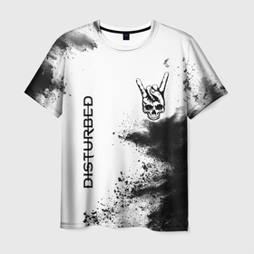 Мужская футболка 3D с принтом Disturbed и рок символ на светлом фоне в Тюмени, 100% полиэфир | прямой крой, круглый вырез горловины, длина до линии бедер | Тематика изображения на принте: 