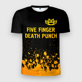 Мужская футболка 3D Slim с принтом Five Finger Death Punch   gold gradient: символ сверху в Новосибирске, 100% полиэстер с улучшенными характеристиками | приталенный силуэт, круглая горловина, широкие плечи, сужается к линии бедра | 
