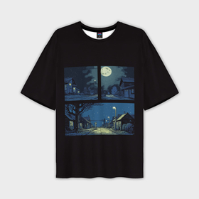 Мужская футболка oversize 3D с принтом Комикс ночная деревня ,  |  | 