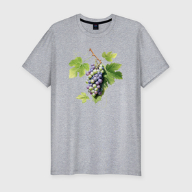 Мужская футболка хлопок Slim с принтом Гроздь винограда акварель иллюстрация в Тюмени, 92% хлопок, 8% лайкра | приталенный силуэт, круглый вырез ворота, длина до линии бедра, короткий рукав | 