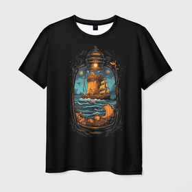 Мужская футболка 3D с принтом Арт корабль в бутылке в Петрозаводске, 100% полиэфир | прямой крой, круглый вырез горловины, длина до линии бедер | Тематика изображения на принте: 