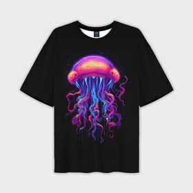 Мужская футболка oversize 3D с принтом Неоновая медуза с глазами в Петрозаводске,  |  | Тематика изображения на принте: 