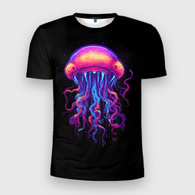 Мужская футболка 3D Slim с принтом Неоновая медуза с глазами в Петрозаводске, 100% полиэстер с улучшенными характеристиками | приталенный силуэт, круглая горловина, широкие плечи, сужается к линии бедра | Тематика изображения на принте: 