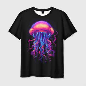 Мужская футболка 3D с принтом Неоновая медуза с глазами в Петрозаводске, 100% полиэфир | прямой крой, круглый вырез горловины, длина до линии бедер | Тематика изображения на принте: 