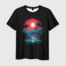 Мужская футболка 3D с принтом Тропический остров на закате в Тюмени, 100% полиэфир | прямой крой, круглый вырез горловины, длина до линии бедер | 