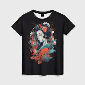 Женская футболка 3D с принтом Обворожительная гейша в цветах в Кировске, 100% полиэфир ( синтетическое хлопкоподобное полотно) | прямой крой, круглый вырез горловины, длина до линии бедер | 