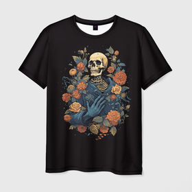 Мужская футболка 3D с принтом Винтажный скелет в цветах в Санкт-Петербурге, 100% полиэфир | прямой крой, круглый вырез горловины, длина до линии бедер | 