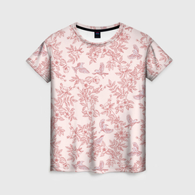 Женская футболка 3D с принтом Шиповник и птицы в стиле toile de jouy в Екатеринбурге, 100% полиэфир ( синтетическое хлопкоподобное полотно) | прямой крой, круглый вырез горловины, длина до линии бедер | 