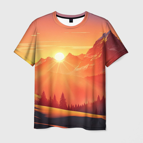 Мужская футболка 3D с принтом Рассвет в заснеженных горах в Курске, 100% полиэфир | прямой крой, круглый вырез горловины, длина до линии бедер | 