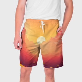 Мужские шорты 3D с принтом Рассвет в горах Швейцарии ,  полиэстер 100% | прямой крой, два кармана без застежек по бокам. Мягкая трикотажная резинка на поясе, внутри которой широкие завязки. Длина чуть выше колен | 