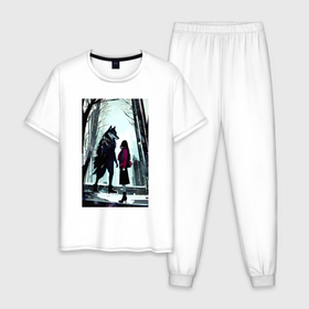 Мужская пижама хлопок с принтом Девушка  и волк в ботинках в Курске, 100% хлопок | брюки и футболка прямого кроя, без карманов, на брюках мягкая резинка на поясе и по низу штанин
 | 