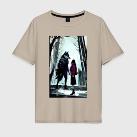 Мужская футболка хлопок Oversize с принтом Девушка  и волк в ботинках в Курске, 100% хлопок | свободный крой, круглый ворот, “спинка” длиннее передней части | 