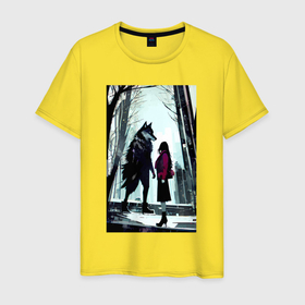 Мужская футболка хлопок с принтом Девушка  и волк в ботинках в Тюмени, 100% хлопок | прямой крой, круглый вырез горловины, длина до линии бедер, слегка спущенное плечо. | Тематика изображения на принте: 