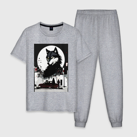 Мужская пижама хлопок с принтом Волк в ночном городе   нейросеть в Тюмени, 100% хлопок | брюки и футболка прямого кроя, без карманов, на брюках мягкая резинка на поясе и по низу штанин
 | 