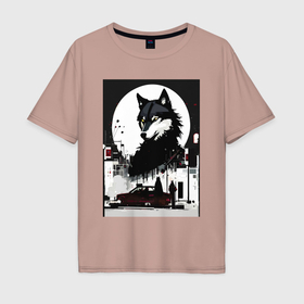 Мужская футболка хлопок Oversize с принтом Волк в ночном городе   нейросеть в Тюмени, 100% хлопок | свободный крой, круглый ворот, “спинка” длиннее передней части | 