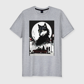 Мужская футболка хлопок Slim с принтом Волк в ночном городе   нейросеть в Белгороде, 92% хлопок, 8% лайкра | приталенный силуэт, круглый вырез ворота, длина до линии бедра, короткий рукав | 