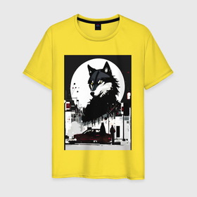 Мужская футболка хлопок с принтом Волк в ночном городе   нейросеть в Новосибирске, 100% хлопок | прямой крой, круглый вырез горловины, длина до линии бедер, слегка спущенное плечо. | 