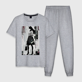 Мужская пижама хлопок с принтом Городская волчица   Нью Йорк   нейросеть , 100% хлопок | брюки и футболка прямого кроя, без карманов, на брюках мягкая резинка на поясе и по низу штанин
 | 