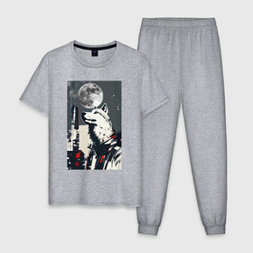 Мужская пижама хлопок с принтом Волк на фоне луны   мегаполис   нейросеть в Кировске, 100% хлопок | брюки и футболка прямого кроя, без карманов, на брюках мягкая резинка на поясе и по низу штанин
 | 