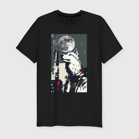 Мужская футболка хлопок Slim с принтом Волк на фоне луны   мегаполис   нейросеть в Кировске, 92% хлопок, 8% лайкра | приталенный силуэт, круглый вырез ворота, длина до линии бедра, короткий рукав | 