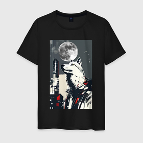 Мужская футболка хлопок с принтом Волк на фоне луны   мегаполис   нейросеть в Кировске, 100% хлопок | прямой крой, круглый вырез горловины, длина до линии бедер, слегка спущенное плечо. | 