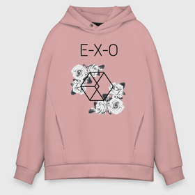 Мужское худи Oversize хлопок с принтом EXO rose в Петрозаводске, френч-терри — 70% хлопок, 30% полиэстер. Мягкий теплый начес внутри —100% хлопок | боковые карманы, эластичные манжеты и нижняя кромка, капюшон на магнитной кнопке | 