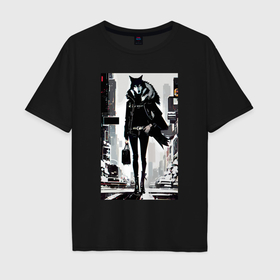 Мужская футболка хлопок Oversize с принтом Модная волчица в зимнем Нью Йорке   нейросеть в Петрозаводске, 100% хлопок | свободный крой, круглый ворот, “спинка” длиннее передней части | 