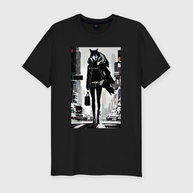 Мужская футболка хлопок Slim с принтом Модная волчица в зимнем Нью Йорке   нейросеть в Петрозаводске, 92% хлопок, 8% лайкра | приталенный силуэт, круглый вырез ворота, длина до линии бедра, короткий рукав | 