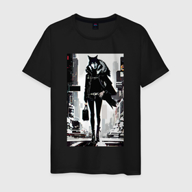 Мужская футболка хлопок с принтом Модная волчица в зимнем Нью Йорке   нейросеть в Петрозаводске, 100% хлопок | прямой крой, круглый вырез горловины, длина до линии бедер, слегка спущенное плечо. | 