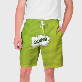 Мужские шорты 3D с принтом Oops на градиенте зеленом в Курске,  полиэстер 100% | прямой крой, два кармана без застежек по бокам. Мягкая трикотажная резинка на поясе, внутри которой широкие завязки. Длина чуть выше колен | 