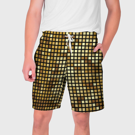 Мужские шорты 3D с принтом Золотая мозаика, поверхность диско шара в Тюмени,  полиэстер 100% | прямой крой, два кармана без застежек по бокам. Мягкая трикотажная резинка на поясе, внутри которой широкие завязки. Длина чуть выше колен | 