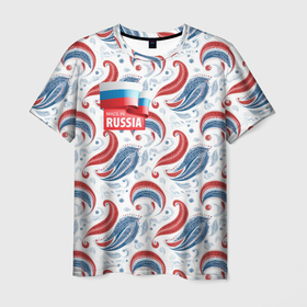 Мужская футболка 3D с принтом Флаг России и русские узоры в Санкт-Петербурге, 100% полиэфир | прямой крой, круглый вырез горловины, длина до линии бедер | 